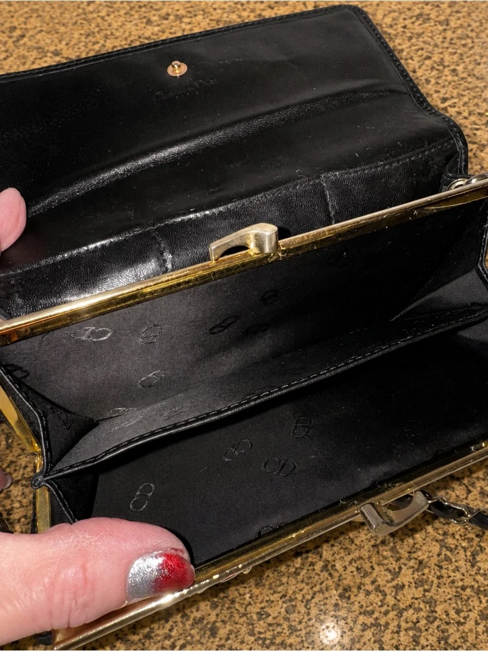 Vintage Christian Dior Black Leather Long Kiss Lock Wallet w Chain & Box